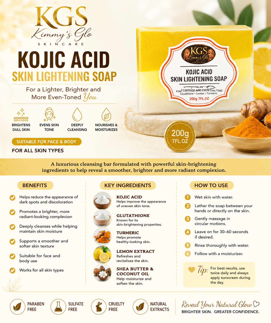 Kojic Acid Soap Skinlightening – Glutathione, Turmeric & Lemon Glow Bar Soap
